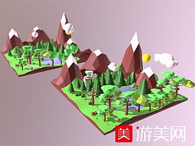 卡通远山树林低多边形场景模型下载