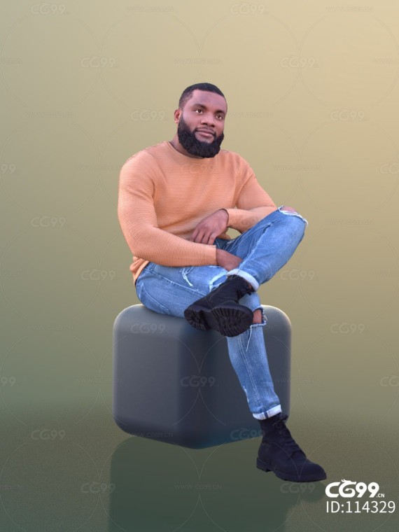 3D扫描人物角色 现代男性 黑人 穿窿牛仔裤（坐）