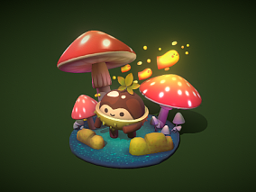 卡通宠物精灵 Q版蘑菇丛 卡通红蘑菇 魔幻蘑菇 可爱蘑菇 蘑菇场景 3d模型