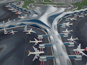 阿布扎比机场 鸟瞰机场模型，完整的飞机场，登机口，候机厅，航站楼，停机坪，跑道等齐全