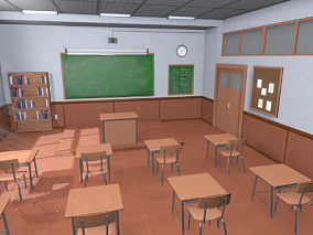 卡通教室场景 老教室 旧教室 课堂 教室桌椅 讲台 黑板 场景 复古小学教室