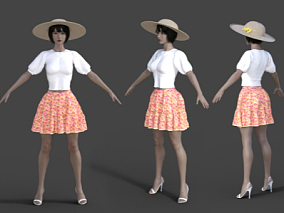 夏季服装 度假休闲服 碎花短裙 太阳帽 波西米亚风格 人物模型 写实女性