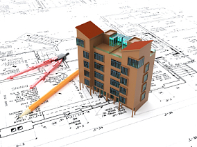 建筑设计图纸 工程学设计建筑 商务房地产建筑 购房 经济房价 广告元素 温馨电商背景 3D