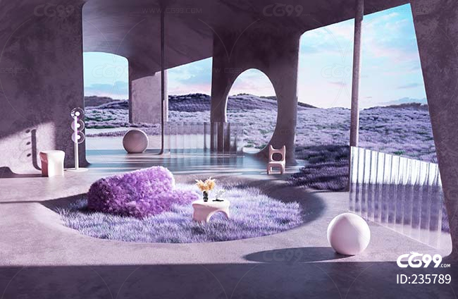 科幻紫色概念建筑 室内建筑工程 紫色场景模型 室内场景 概念场景