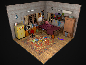 汤姆的小屋 室内场景 室内建筑  房屋一角 卧室 地毯 3D模型 写实