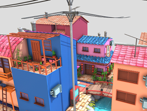 风格化的小街 色彩缤纷 风格化的街道 动画场景 游戏场景