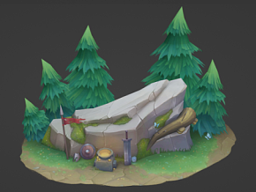 游戏地图一角 手绘风格 兵器 石头 松树 盾牌 蝴蝶 3D模型