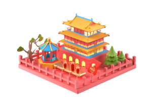 中国风卡通建筑 年货节 国潮 喜庆 中式建筑