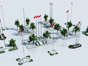 现代旗杆 红旗 园林景观 3d模型