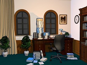 漫画卡通 欧式内景 书房 办公桌 椅子 台灯 书柜 书 植物 花 钟表 3d模型