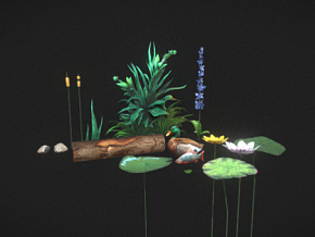 小池塘 鸭子 荷花 卡通 Q版花朵 池塘 水 标识 百合 游戏资产 岩石 环境