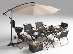 现代户外露营设备 露营组合 桌椅组合 折叠桌椅 食物饮料 遮阳伞