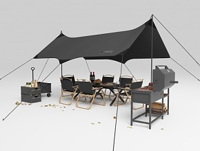 现代露营设备组合 露营帐篷 户外桌椅组合 折叠桌椅 烧烤架 水果食物