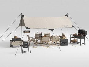现代露营帐篷组合 露营设备 户外桌椅组合 折叠桌椅 烧烤架 水果食物