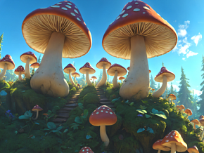 巨大蘑菇 天空盒 全景图 卡通场景 大自然美景 风景  童话世界 森林  VR HDR 阳光