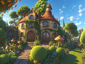 卡通场景 天空盒 全景图  大自然美景 风景 童话世界 森林 巨大蘑菇 花园 城堡 VR
