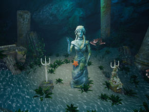 海底失落遗迹 女王 雕像 罗马柱 岩石 水草 植物 场景 3D模型 UE5 虚幻5