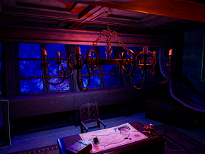 海盗船长宿舍 桌椅 书柜 睡床 宝箱 吊灯 壁画 蜡烛 场景 3D模型 UE4 虚幻5