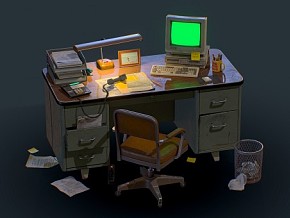 复古办公道具 电脑 办公桌 办公素材 电脑桌 椅子 PBR材质 游戏素材 工位 学习桌