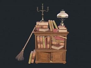 中世纪复古书柜 木制矮柜 烛台灯 书籍扫把 PBR 次世代