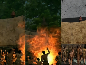 精品场景 一群原始人围着火堆跳舞 原始人 火堆 跳舞