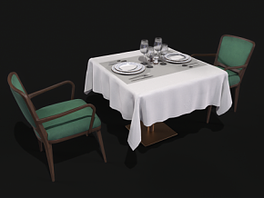 经典餐厅餐桌 餐桌 桌椅 家具 PBR材质 高脚杯 用餐